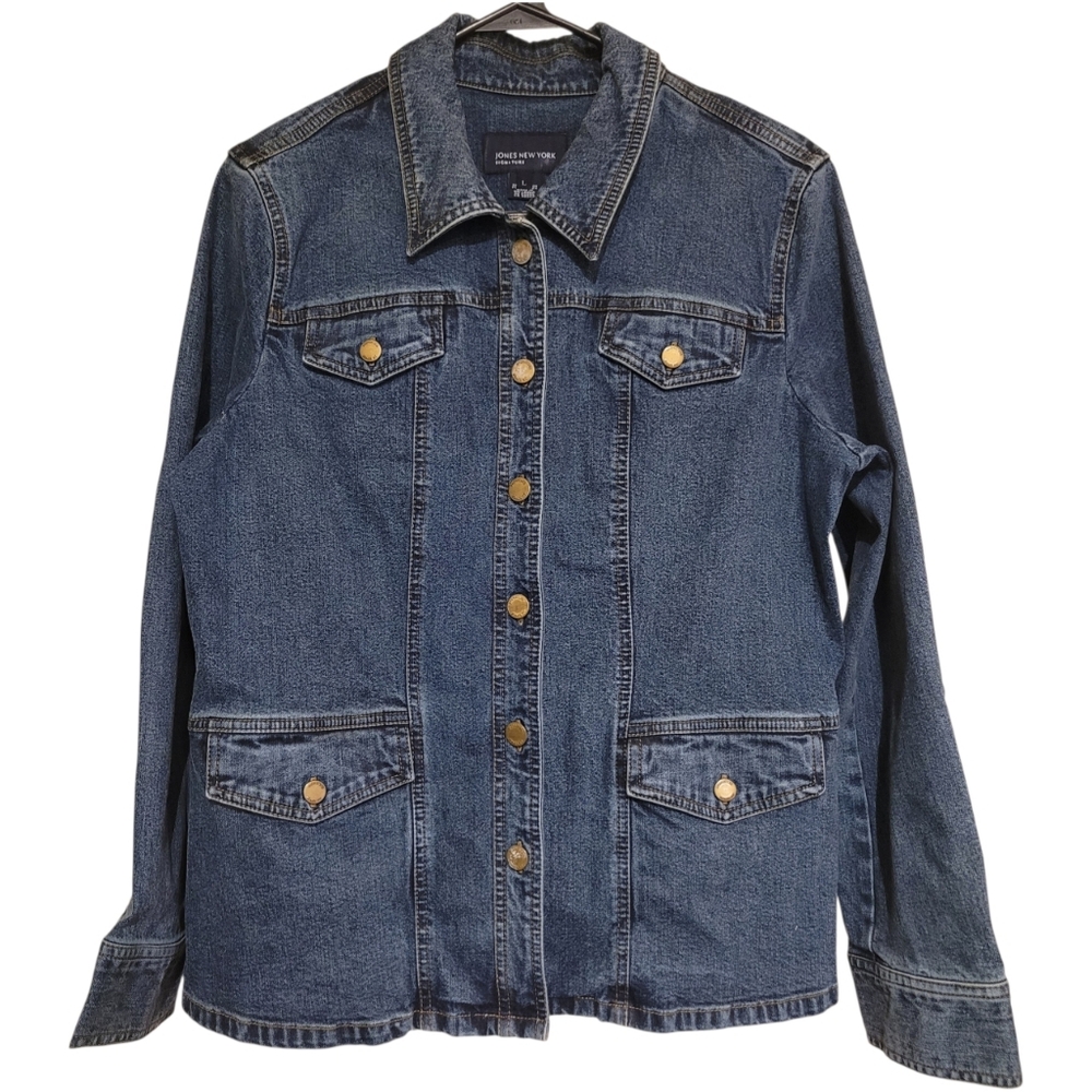 Jones New York Denim Jacket Womens Large Dark Wash Pockets Cotton